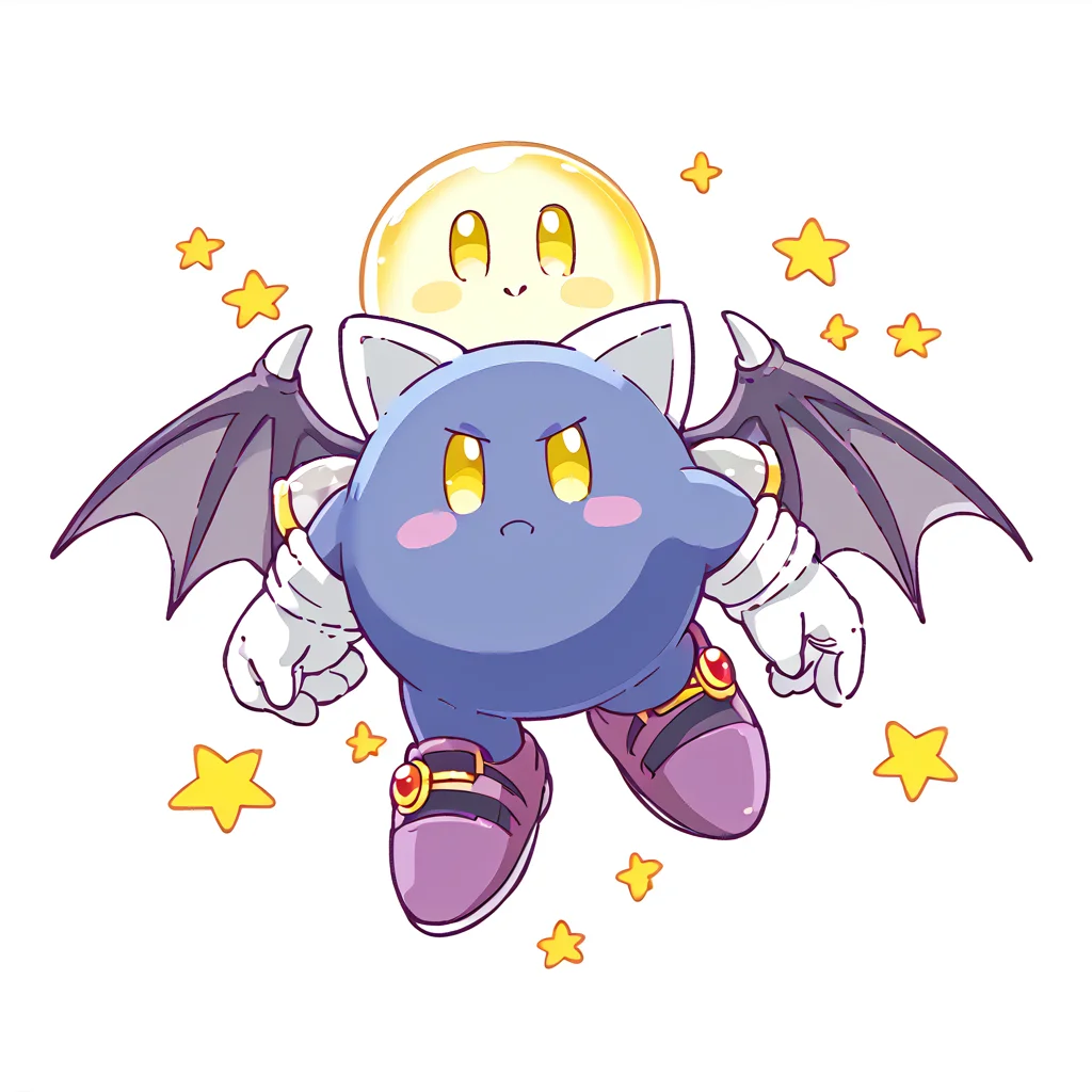 solo, (thick lineart:1)
 <lora:KirbyJP:1>
 <lora:Metaknight:0.8> Metaknight, Bat wings, Yellow eyes, white gloves, purple footwear