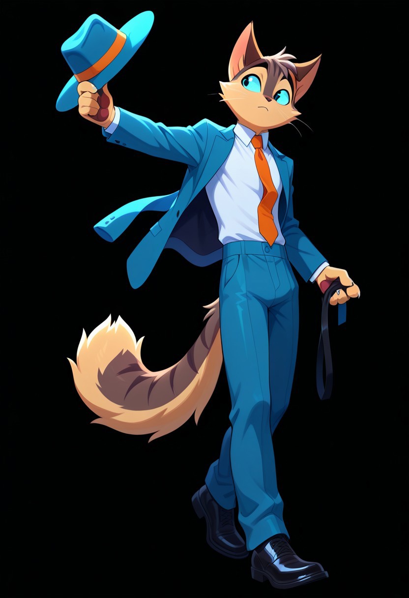 incredible quality, shiny skin, high quality, highres, rocky rickaby, furry, furry male, cat, hat, male focus, solo, furry, 1boy, tail, necktie, furry male, shirt, animal ears, holding, orange necktie, holding clothes, headwear removed, black background, hat removed, body fur, pants, white shirt, outstretched arm, holding hat, full body, suit, collared shirt, formal, standing, jacket, simple background, black footwear, blue pants