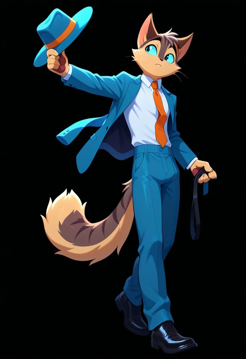 incredible quality, shiny skin, high quality, highres, rocky rickaby, furry, furry male, cat, hat, male focus, solo, furry, 1boy, tail, necktie, furry male, shirt, animal ears, holding, orange necktie, holding clothes, headwear removed, black background, hat removed, body fur, pants, white shirt, outstretched arm, holding hat, full body, suit, collared shirt, formal, standing, jacket, simple background, black footwear, blue pants