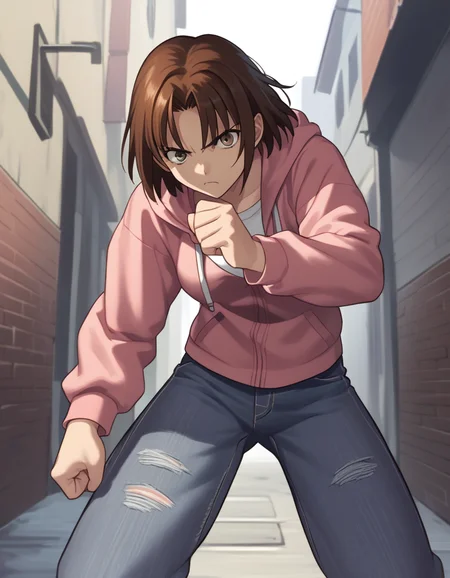 score_9, score_8_up, score_7_up, source_anime
<lora:ayako-ponyxl-000035:1> mitsuzuri, brown hair, hoodie, pink hoodie, jeans,
1girl, alley, fighting stance, serious
