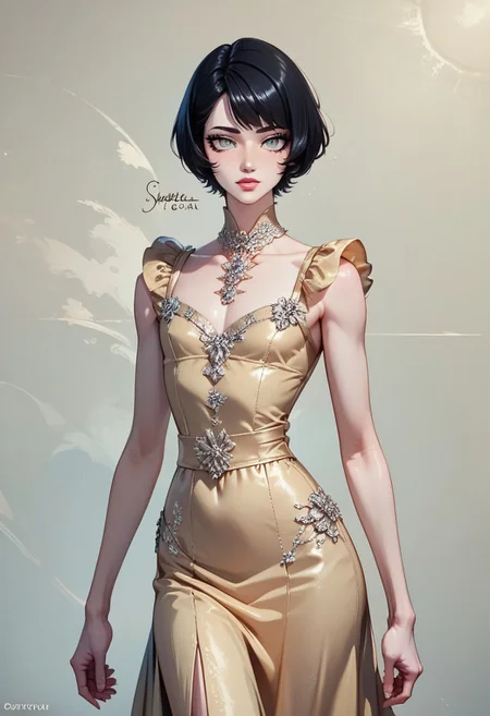 score_9, score_8_up, score_7_up, 1boy, femboy, otoko no ko, short hair, bob cut hair, black hair, grey eyes, gray eyes, feminine face, toned body, Shelly, 1930s fashion style, vintage, dress, highly detailed, intricate, zzCitronCAT, pose, modelshoot