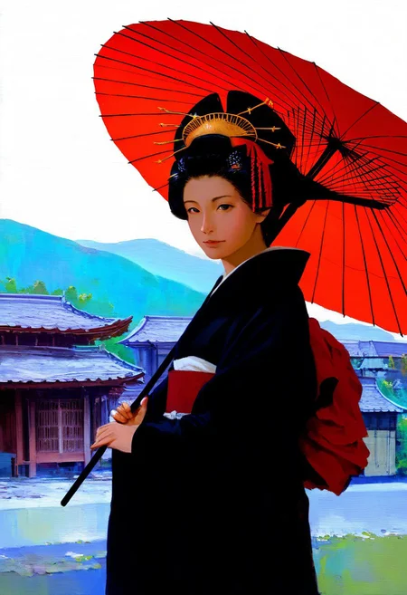 masterpiece, good quality, best quality, very awa, very as2, highres, absurdres, newest, painterly, watercolor \(medium\), faux traditional media, traditional media, brush stroke, impasto, impressionism, chiaroscuro, realistic, photorealistic, surreal, psychedelic, photo \(medium\), 1girl, solo, asian, geisha, oiran, looking at viewer, Japanese clothes, holding umbrella, oil-paper umbrella, umbrella, obi, sash, kimono, black hair, nihongami, kanzashi, parasol, outdoors, east-asian architecture, town