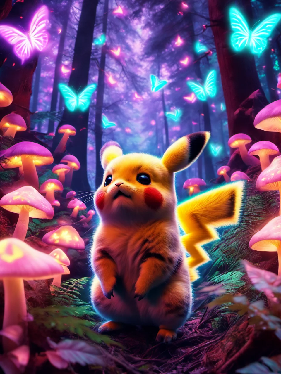 pet portrait of 1 chubby pikachu in a glowing forest with glowing mushrooms and glowing butterflies, hd, pet photography, distant portrait <lora:glowing_forest_pet_portrait-000004:1>