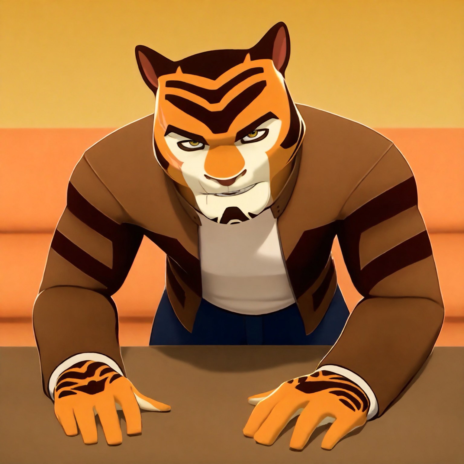 masterpiece, best quality, amazing quality, male, looking at viewer, broad shoulders, detailed face, detailed eyes, detailed, Riq, furry male, tiger boy, tiger ears, blunt brown nose, thick eyebrows, white patches around eyes, white area on face, multicolored fur, stripes, stripes on chin, scar on right side of face, scar on right side of lip, scar on right cheek, two scars right side of head, brown jacket with dark brown patches on the front and dark brown stripes on the arms, sleeveless white top, dark blue jeans, brown shoes, orange fur. solo