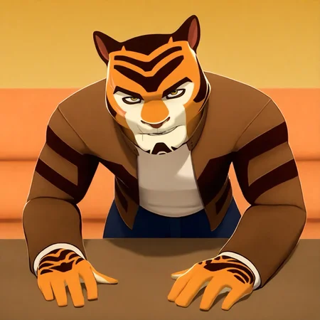 masterpiece, best quality, amazing quality, male, looking at viewer, broad shoulders, detailed face, detailed eyes, detailed, Riq, furry male, tiger boy, tiger ears, blunt brown nose, thick eyebrows, white patches around eyes, white area on face, multicolored fur, stripes, stripes on chin, scar on right side of face, scar on right side of lip, scar on right cheek, two scars right side of head, brown jacket with dark brown patches on the front and dark brown stripes on the arms, sleeveless white top, dark blue jeans, brown shoes, orange fur. solo