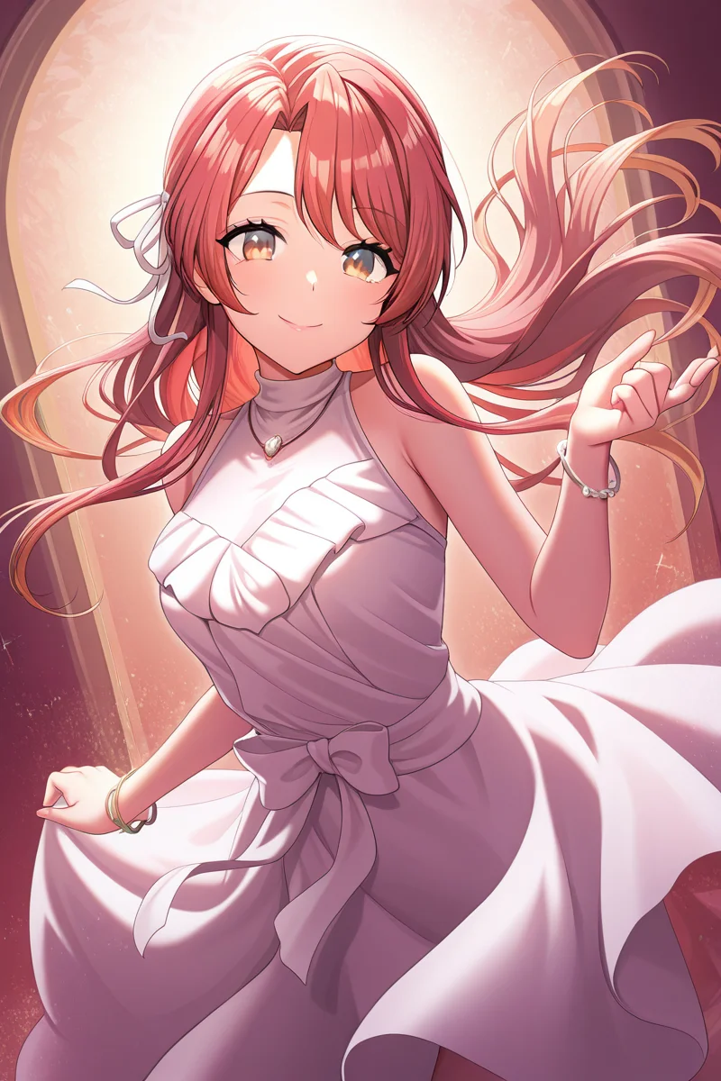 masterpiece, best quality, amazing quality,
<lora:Haruna_IL:1> haruna, 1girl, solo, long hair, dress, smile, sleeveless, sleeveless dress, ribbon, floating hair, red hair, looking at viewer, hair ribbon, white dress, jewelry, bracelet