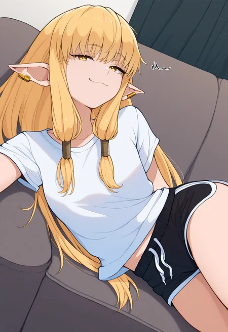 masterpiece, best quality, 1girl, solo, S3ri3, yellow eyes, blonde hair, long hair, hair tubes, ear bar, white shirt, short sleeves, black shorts, dolphin shorts, midriff peek, lounging, indoors, on couch, dutch angle, looking at viewer, smug, <lora:ChamSerieNoob:1>