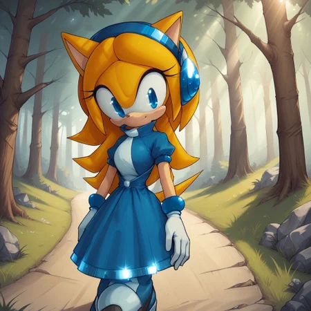 score_9, score_8, BREAK, solo, Maria_Robotnik_The_Hedgehog, hedgehog_girl, blonde_hair, blue_hairband, blue_eyes, blue_dress, white_gloves, blue_footwear, self portrait, smile, looking at viewer, outdoors, sunlight, shadows, evening lighting, natural lighting, forest, trees, grass, orange sky, sunset