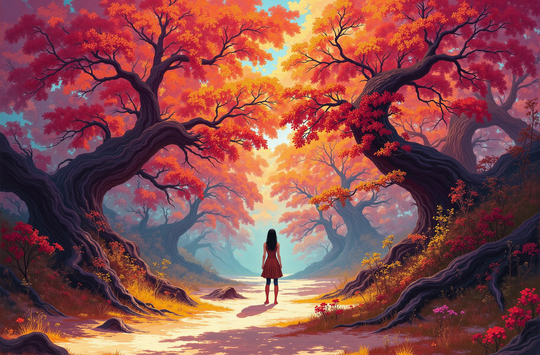 DB4RZ, DB4RZ style painting. Painting which depicts Alice in Autumn Wonderland. <lora:FLUX-daubrez-DB4RZ-v2:0.8>