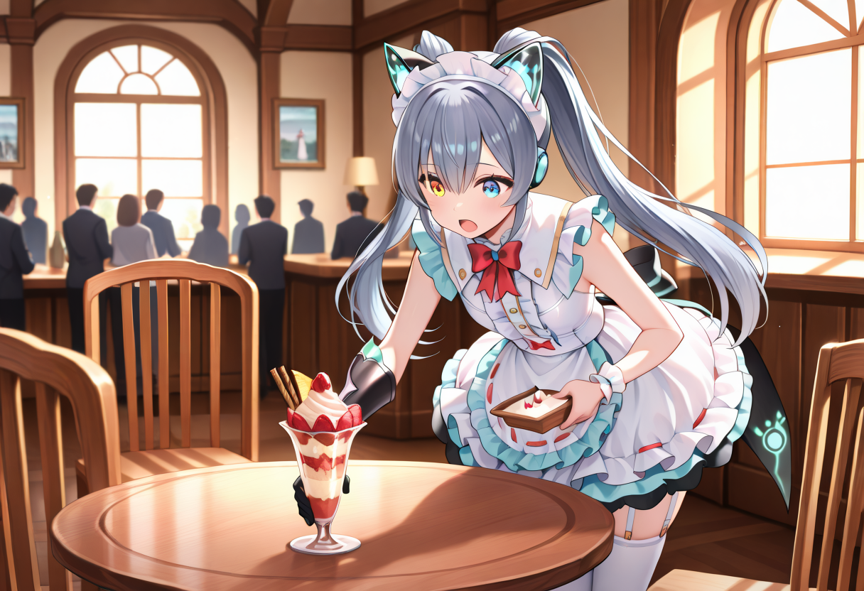 masterpiece, best quality, KRKaraMaid, 1girl, solo, heterochromia, long hair,yellow eyes,blue eyes, grey hair, hair between eyes,flat chest,twintails, white thighhighs, bowtie, maid headdress, garter straps, fake animal ears, frilled dress, white dress, white apron, layered skirt, maid apron, cat ears, frilled skirt, back bow, neon trim, headdress,single gauntlet, single wrist cuff, ribbon-trimmed apron, blue skirt, waist apron, crowd,covering privates,open mouth, leaning forward,cowboy shot,holding parfait, (offering parfait:1.3), (elegant maid uniform:1.2), (indoor cafe background:1.0), (natural window light:0.9), (wooden table nearby:0.8), (soft warm lighting:1.0), (pastel color palette:0.8), round table,wooden chair