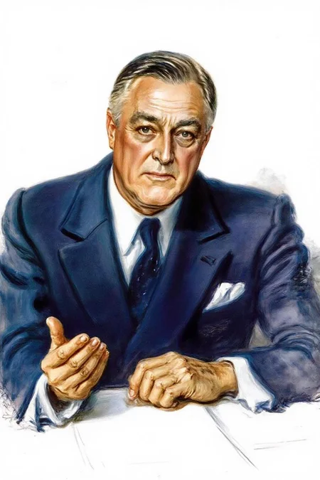 jamesmontgomeryflagg1 illustration.
President Franklin D. Roosevelt, wearing a dark blue suit, white shirt, and tie, sits at a desk. He gestures with his hand. The background is light-colored. <lora:jamesmontgomeryflagg1_cap_d8a4e12:1.0><lora:859142410008032972:0>
