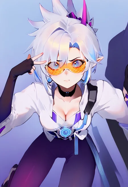 score_9, score_8, score_7_up solo BREAK
1girl, BREAK medium breasts, seductive look,by yuio, <lora:yuio_style_PONYXL:1>,<lora:Mizah_style:1>,<lora:J.K_Pony_test_v1:1>,
BREAK Tracerkpop , Tracer (overwatch),looking at viewer,blush,<lora:Lord_Moku:1> BREAK RivenSBXL, sidelocks, single horn, pointy ears, medium breasts, black choker, collar bone, single bare shoulder, cleavage, white kimono, purple sash, multicolored sash, purple elbow gloves, fingerless gloves, purple pants, asymmetrical clothes, greaves, purple sandals BREAK v over eye,backhand BREAK lui-newyr, white hair