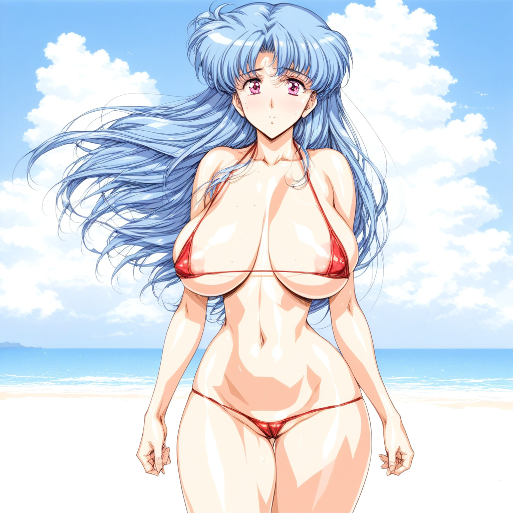 r3tr0styl3 1990s_(style),artist style: urushihara satoshi, score_9, score_8_up, 1girl, pull bikini top, blue hair, long hair, straight hair, pink eyes, huge breasts, narrow waist, sagging breasts, areola slip,  red bikini, micro bikini, untied bikini top,  shiny skin, shiny hair, blue sky, white cloud, beach, hair blowing in the wind, looking at viewer, bare thighs,