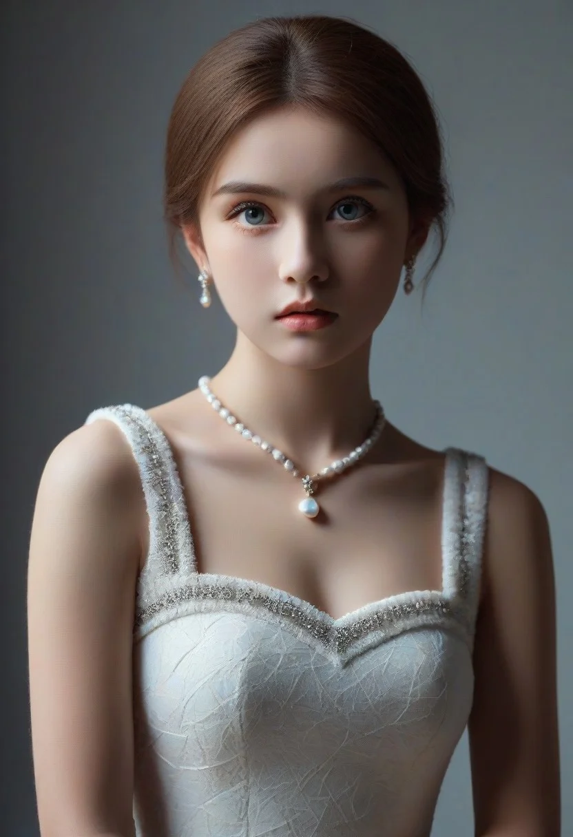 Masterpiece, best quality, 1girl, portrait, face focus, beautiful eyes, stoic, model, porcelain marble skin, pamcocomat dress, jewelry, kwf, intense stare, dramatic lighting, backlit