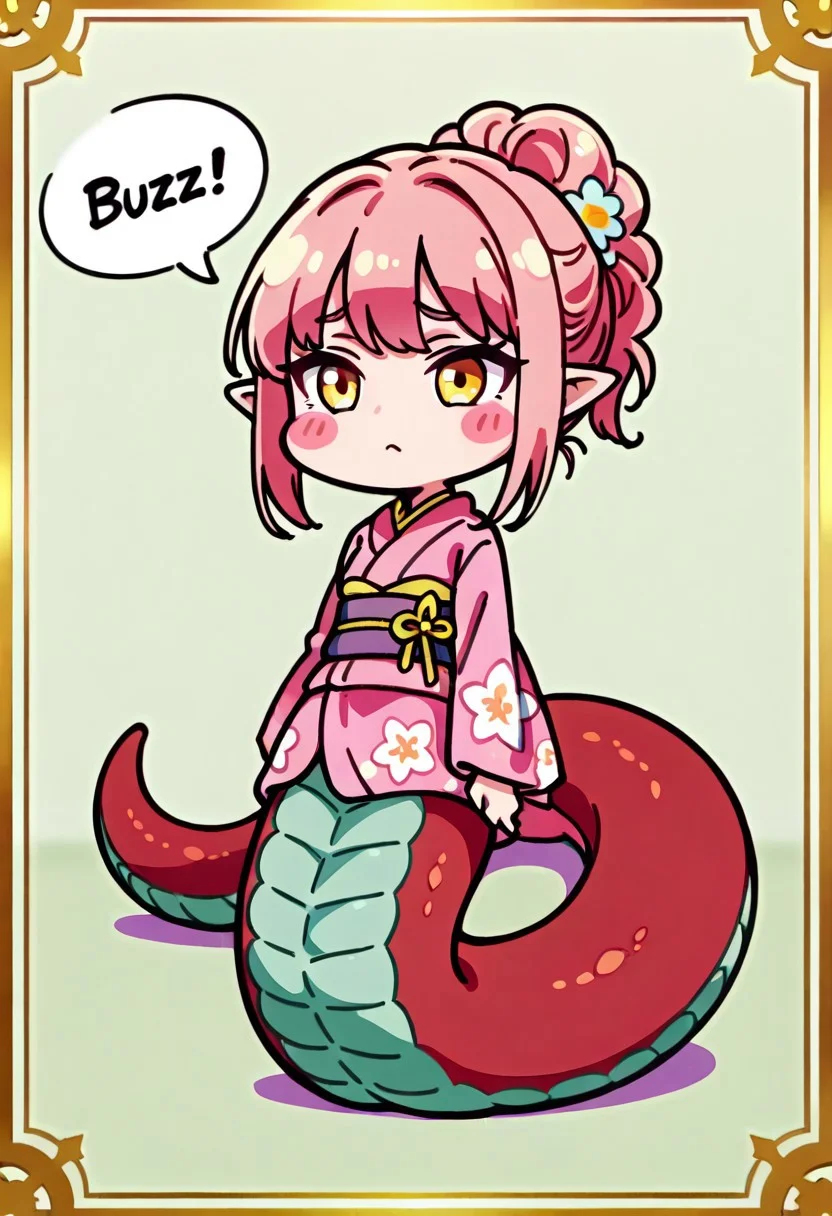 Masterpeice, high quality, english text:"Buzz Please, text bubble, (buzz:1.4),
(Lamia:1.2), scaled tail topside, red scales, grey underside, pointy ears, pink hair, solo, 1girl,
fancy hairstyle, chibi,
kimono, floral pattern, blush stickers,