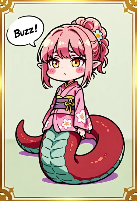 Masterpeice, high quality, english text:"Buzz Please, text bubble, (buzz:1.4),
(Lamia:1.2), scaled tail topside, red scales, grey underside, pointy ears, pink hair, solo, 1girl,
fancy hairstyle, chibi,
kimono, floral pattern, blush stickers,