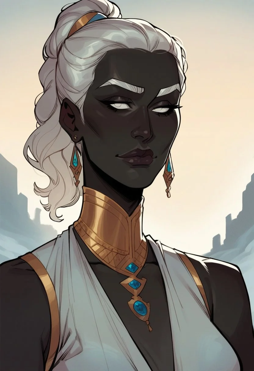score_9, score_8_up, score_8, score_7_up, score_7, score_6_up, score_6, score_5_up, Score_5,human female, obsidian black skin, onyx black skin, round eyes, white eyes, small eyes, beautiful face, aesthetic face, narrow face, narrow nose, long nose, round ears, white eyebrows, long white hair, high ponytail, very tall, curvy, elegant, royal, aristocratic, majestic, chin up, seductive smile, slender. Silver jewelries. White jewelries. Blue jewelries. Lots of jewelries. White bracers, tight white dress,, vox machine style, 1girl, female focus, solo, portrait, background of snow-covered landscape, fantasy, (dynamic lighting:1.1)
((masterpiece))