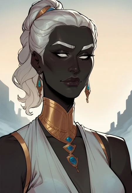 score_9, score_8_up, score_8, score_7_up, score_7, score_6_up, score_6, score_5_up, Score_5,human female, obsidian black skin, onyx black skin, round eyes, white eyes, small eyes, beautiful face, aesthetic face, narrow face, narrow nose, long nose, round ears, white eyebrows, long white hair, high ponytail, very tall, curvy, elegant, royal, aristocratic, majestic, chin up, seductive smile, slender. Silver jewelries. White jewelries. Blue jewelries. Lots of jewelries. White bracers, tight white dress,, vox machine style, 1girl, female focus, solo, portrait, background of snow-covered landscape, fantasy, (dynamic lighting:1.1)
((masterpiece))