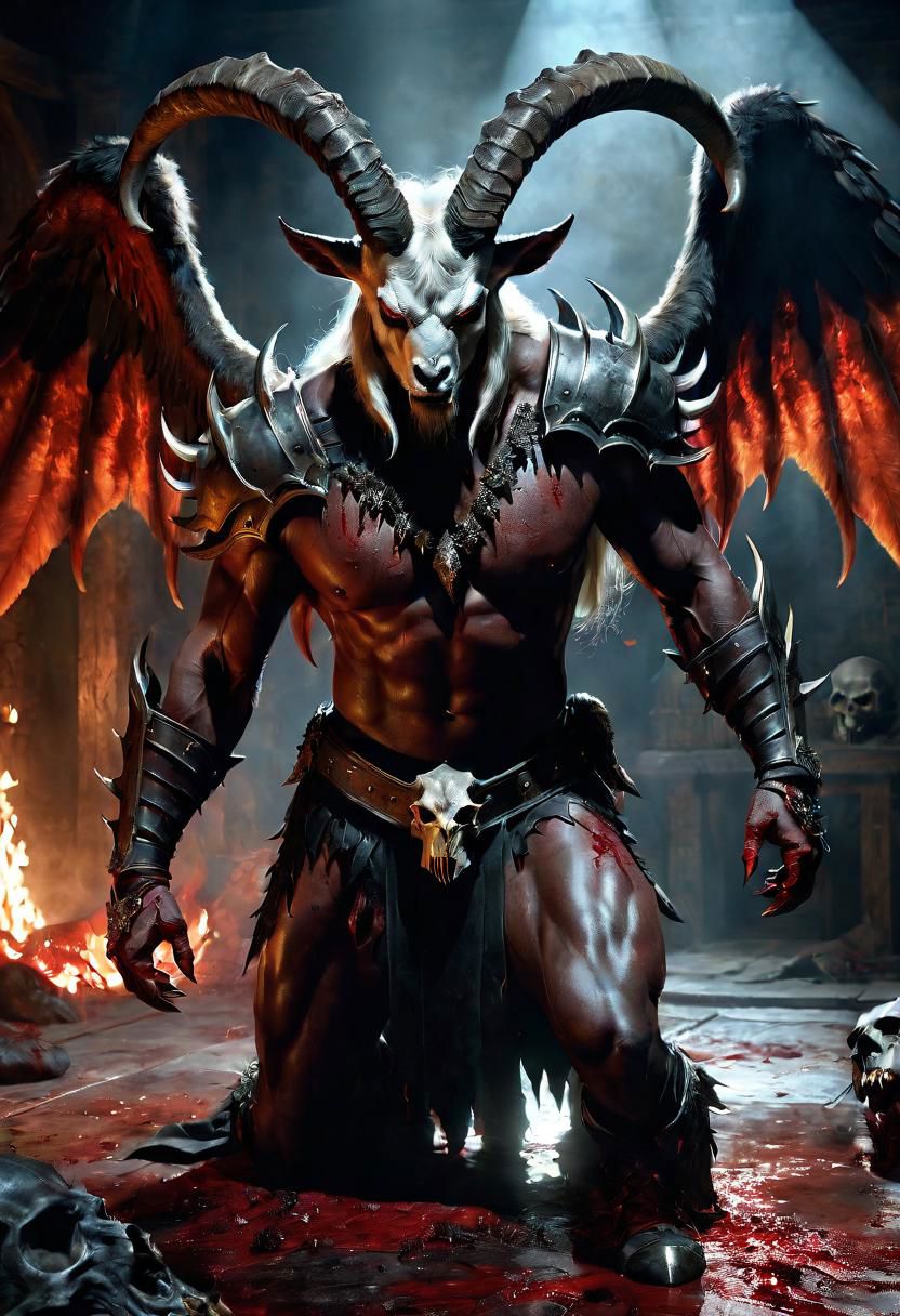 mj, Best Quality, cinematic, close-up, demon with goat head with big horns, strong and strong upper body, demon skins, skins, (claws, wings)), demonic armor, blood splatter, skulls on the ground, standing in blood ritual, medieval, dark room, dim light, masterpiece, realistic, oil painting Gabriele Dell'otto, AI Midjourney, bright saturated colors, watercolor, oil paints, 500px, 4k,oil paint