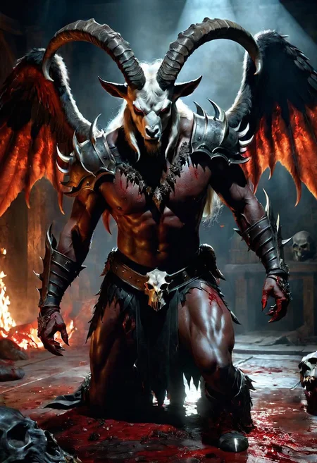mj, Best Quality, cinematic, close-up, demon with goat head with big horns, strong and strong upper body, demon skins, skins, (claws, wings)), demonic armor, blood splatter, skulls on the ground, standing in blood ritual, medieval, dark room, dim light, masterpiece, realistic, oil painting Gabriele Dell'otto, AI Midjourney, bright saturated colors, watercolor, oil paints, 500px, 4k,oil paint