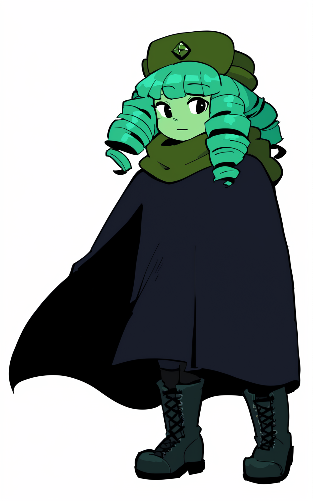 score_9, score_8_up, score_7_up,((best quality)), absurdres, full body,<lora:BolivanteStyle:0.8>, <lora:MSKPXL:0.8>, MSKPXL,  cloak, black cloak, green skin, green eyes, green hair, headwear, green headwear, gem, scarf, green scarf, curly hair, drill hair, black boots, boots, white background ,black eyes , standing,solo