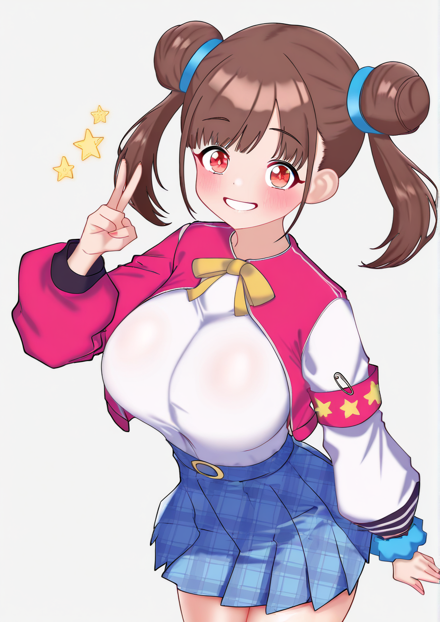 <lora:oldsickkim:1.2>,1girl, sonoda chiyoko, huge breasts, armband, asymmetrical sleeves, blue scrunchie, blue skirt, bow, bowtie, brown hair, cowboy shot, double bun, grey background, hair bun, long sleeves, mismatched sleeves, plaid, plaid skirt, red eyes, safety pin, scrunchie, skirt, smile, solo, star (symbol), star print, twintails, wrist scrunchie, very awa, masterpiece, best quality,highres, absurdes,amazing quality