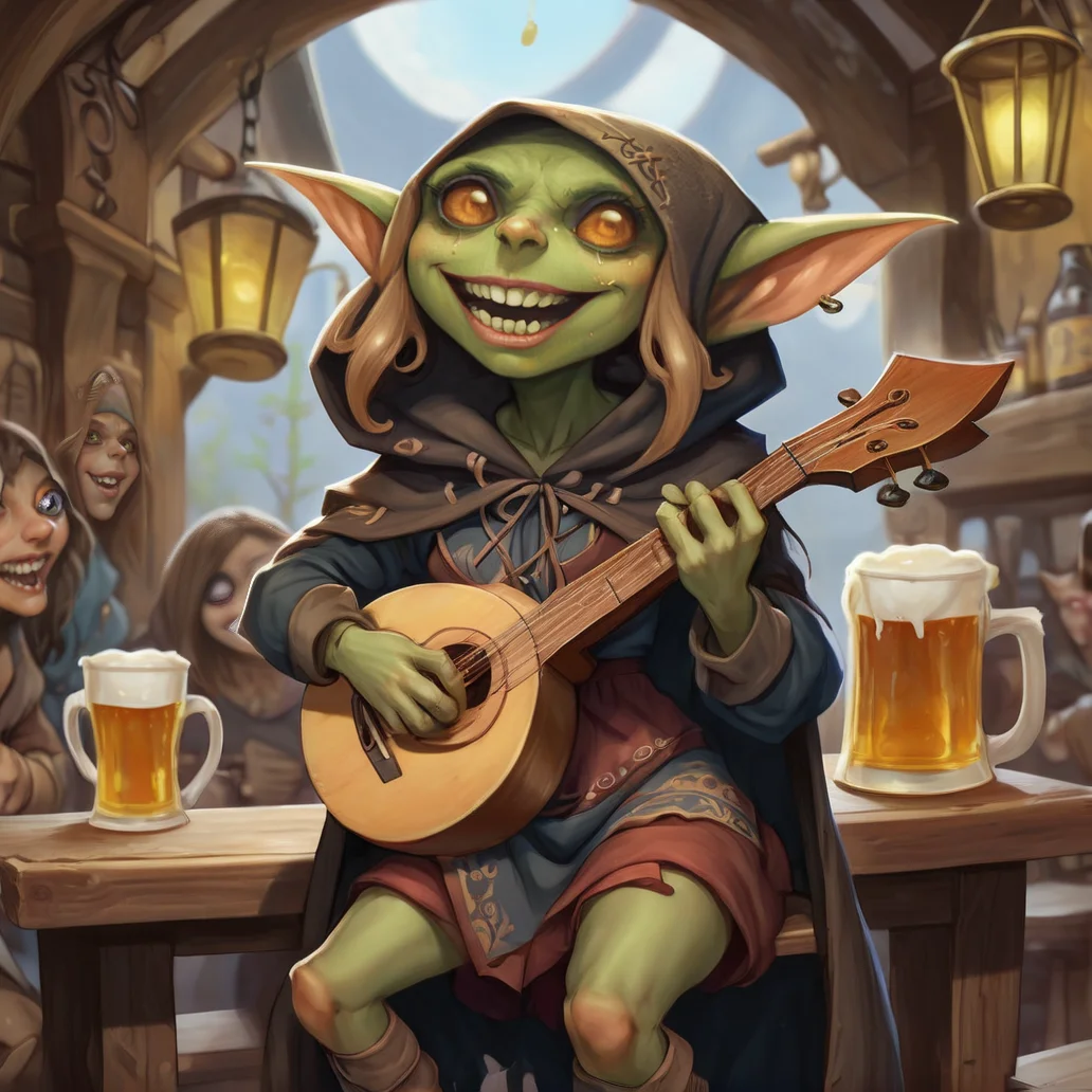 A cute female path_goblin bard, big eyes, wearing a hoodie cloak, long wavy hair, singing on a tavern while playing a lyre, mugs of beer at her feets,<lora:Path_goblin:1>