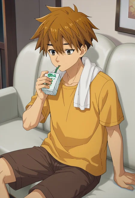 score_9, score_7_up, source_anime,
yokoya, 1boy, male focus, solo, brown eyes, brown hair, hair between eyes, short hair, shirt, t-shirt, yellow shirt, short sleeves, shorts, brown shorts, towel around neck,
indoor, couch, sitting, juice box, drinking straw, drinking,