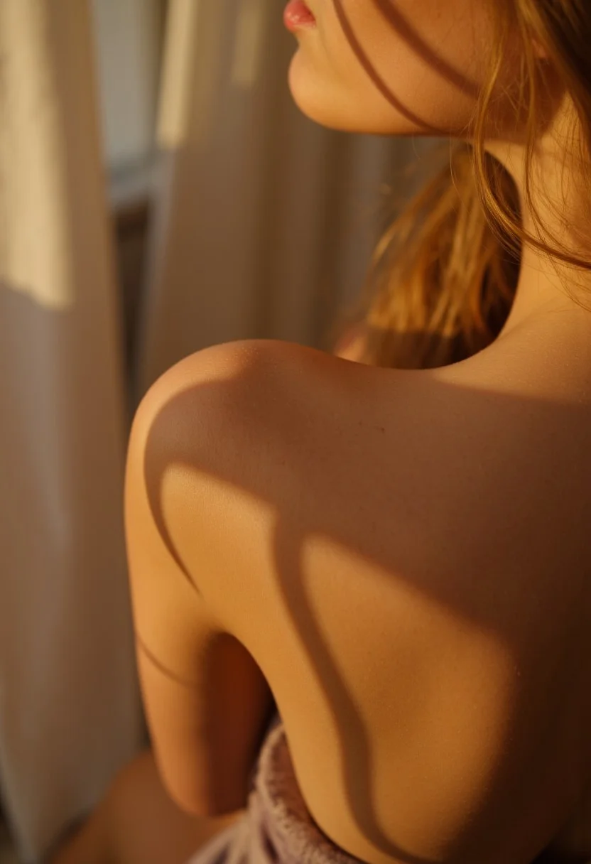 A soft-focus close-up captures the gentle curve of a woman's shoulder and neck, bathed in the golden hues of sunset filtering through sheer curtains. The interplay of light and shadow accentuates the delicate textures of her skin, creating a dreamy bokeh effect. Captured with a Canon EOS R5 and an 85mm f/1.2 lens at f/1.2. IMG_20250413_001.CR3
, aidmarealisticskin, aidmaHyperrealism