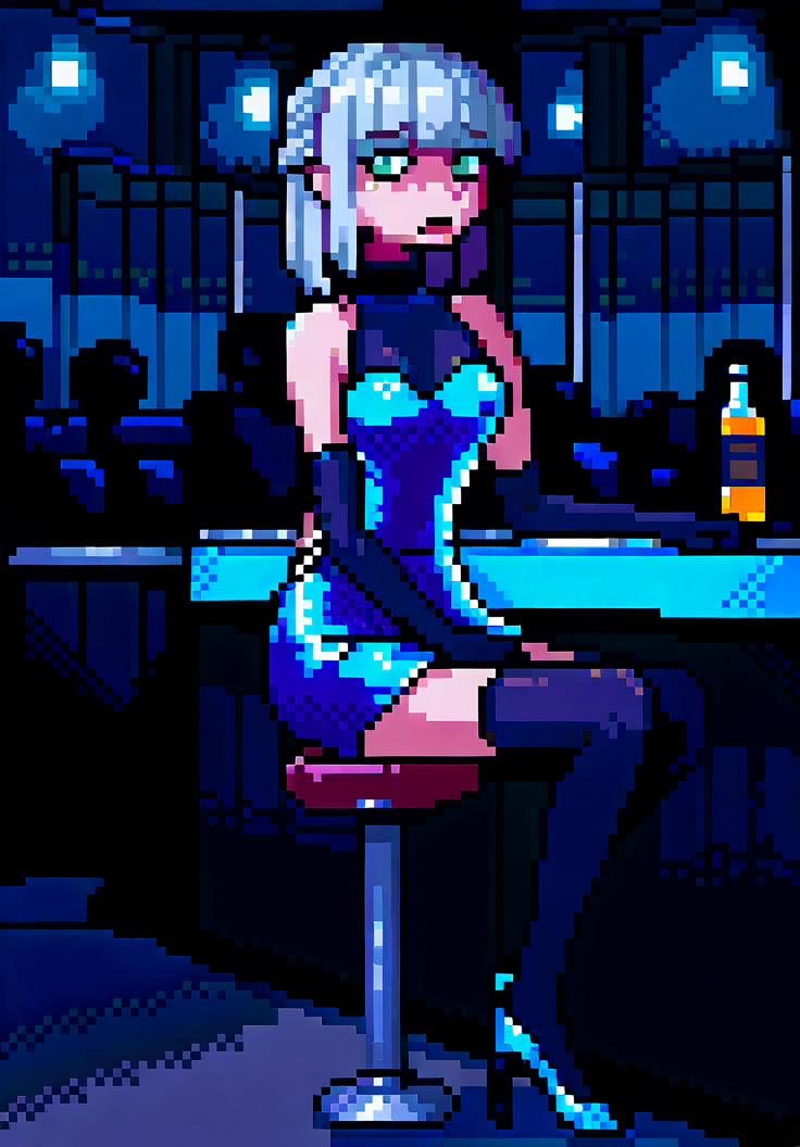 score_9, score_8_up, score_7_up, night club, lamps, night, crowd,nightclub,rave,spotlights,crowded, 1girl, green eyes, slit pupils, white hair, half updo, medium hair, hime cut, medium breasts, skinny, claws, sitting on bar stool, bar counter, front view, looking at viewer, showing panty, skirt up, white lace panty, wisky bottle, drunk, drunked, bubles, holographic, backless dress, short dress, holographic dress, long gloves, black stockings, stiletto shoes, good hands, <lora:Ehohinstyle:1>, ehohin 
 <lora:merged_pixel_base_model_svd:1> <lora:choutenchan_pixel_dotpict:1>