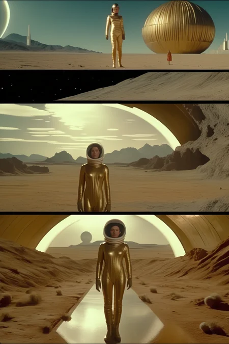 <lora:Director Ridley Scott style:1>Director Ridley Scott style - scenes from a mashup movie between The Holy Mountain, Interstellar, Pride & Prejudice, and 2001: A Space Odyssey. Woman astronaut, rockets, dynamic, soviet brutalist architecture, clouds, stars, mythology, Ancient Greek gods, gold, photorealistic, Martian landscapes, desert, artistic, high definition, 8k, realistic