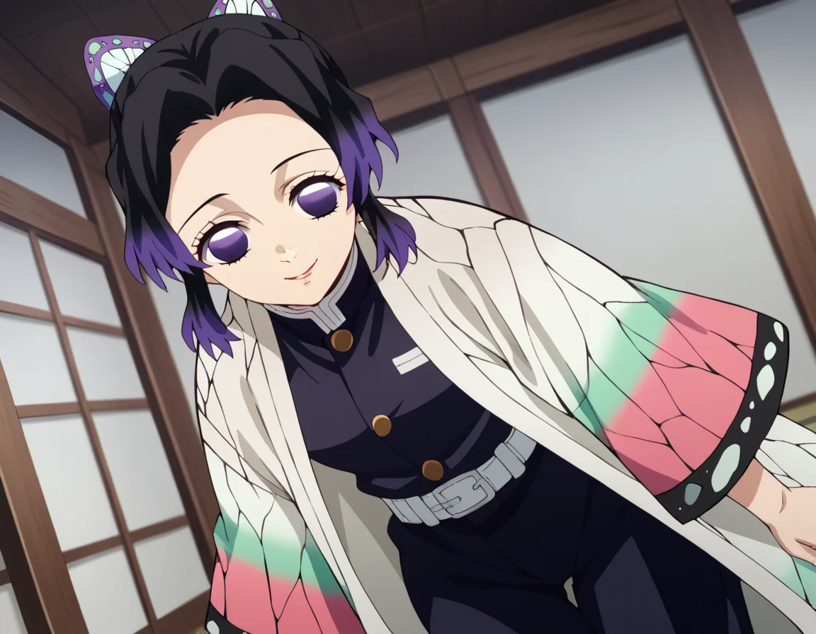 score_9, score_8_up, score_7_up, source_anime,
shinobukochou, <lora:shinobu-kochou-anime-ponyxl-lora-nochekaiser:1>,
shinobu kochou, animal print, black hair, butterfly, butterfly hair ornament, butterfly print, forehead, gradient hair, hair ornament, haori, multicolored hair, parted bangs, purple hair, short hair, two-tone hair,
belt, black pants, butterfly print, coat, demon slayer uniform, haori, japanese clothes, pants, uniform,
indoors, dojo, bent over, smile,
solo, dutch angle, looking at viewer, cowboy shot,