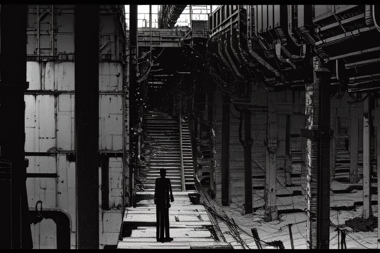 highly insanely detailed, masterpiece, top quality, best quality, highres, 4k, 8k, RAW photo, (very aesthetic, beautiful and aesthetic),  
tsutomu nihei,nihei_tsutomu,blame!,blame gakuen!,abara,TNstyle,sidonia_no_kishi,(tower,stairs,lab,tunnel,city ruins),wire,cables,tubes,industrial pipes,bones,clouds,air conditioner,bridge,ventilation fan,ventilation shaft,walkway,toha heavy industries,letterboxed,dark background, 
<lora:blamev2:0.7>, 
(1girl:1.3), 
solo focus, 
a modern construction site, featuring sleek machinery, organized storage of materials, precise measurements being taken, and workers collaborating efficiently,âââ