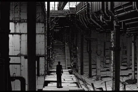 highly insanely detailed, masterpiece, top quality, best quality, highres, 4k, 8k, RAW photo, (very aesthetic, beautiful and aesthetic),
tsutomu nihei,nihei_tsutomu,blame!,blame gakuen!,abara,TNstyle,sidonia_no_kishi,(tower,stairs,lab,tunnel,city ruins),wire,cables,tubes,industrial pipes,bones,clouds,air conditioner,bridge,ventilation fan,ventilation shaft,walkway,toha heavy industries,letterboxed,dark background,
<lora:blamev2:0.7>,
(1girl:1.3),
solo focus,
a modern construction site, featuring sleek machinery, organized storage of materials, precise measurements being taken, and workers collaborating efficiently,âââ