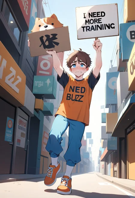 guy holding up a sign that says "I need more buzz for training."
masterpiece, best quality, 
1boy, solo, (white skin), brown hair, athletic, freckles, black shirt, t-shirt, chin scruff, blue pants, big eyes, blue eyes, huge pupils, checkerboard symbol on shirt, orange shoes, full body, sign, tears,