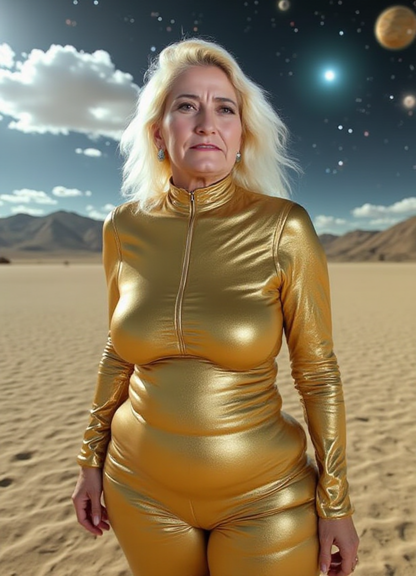 SFW, The image shows a woman standing in a desert-like landscape with mountains in the background. She is wearing a shiny gold suit with a high neckline and long sleeves. Her e hair is blowing in the wind and she is looking off into the distance with a serious expression on her face. The sky is filled with stars and planets, and there is a large planet in the top right corner. The overall mood of the image is futuristic and sci-fi., aidmaimageupgrader<lora:flux\custom\adult\amber-conners.safetensors:1.0:1.0> <lora:turbo-8-step-flux.safetensors:0.5:0.5> <lora:flux\style\Common\aidmaImageUprader-FLUX-v0.3.safetensors:0.25:0.25>