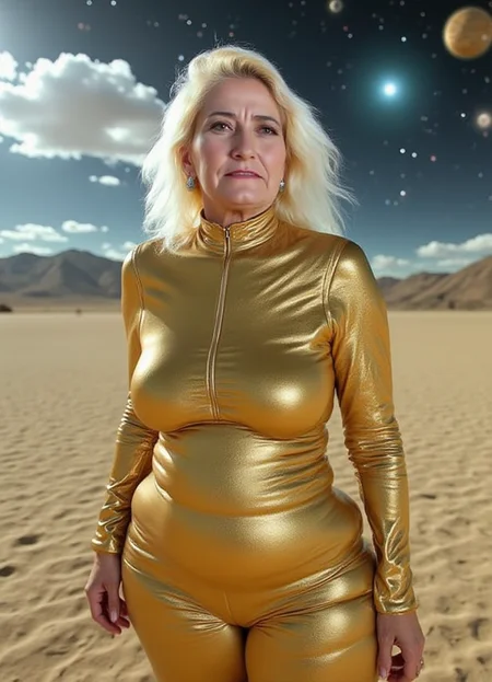 SFW, The image shows a woman standing in a desert-like landscape with mountains in the background. She is wearing a shiny gold suit with a high neckline and long sleeves. Her e hair is blowing in the wind and she is looking off into the distance with a serious expression on her face. The sky is filled with stars and planets, and there is a large planet in the top right corner. The overall mood of the image is futuristic and sci-fi., aidmaimageupgrader<lora:flux\custom\adult\amber-conners.safetensors:1.0:1.0> <lora:turbo-8-step-flux.safetensors:0.5:0.5> <lora:flux\style\Common\aidmaImageUprader-FLUX-v0.3.safetensors:0.25:0.25>