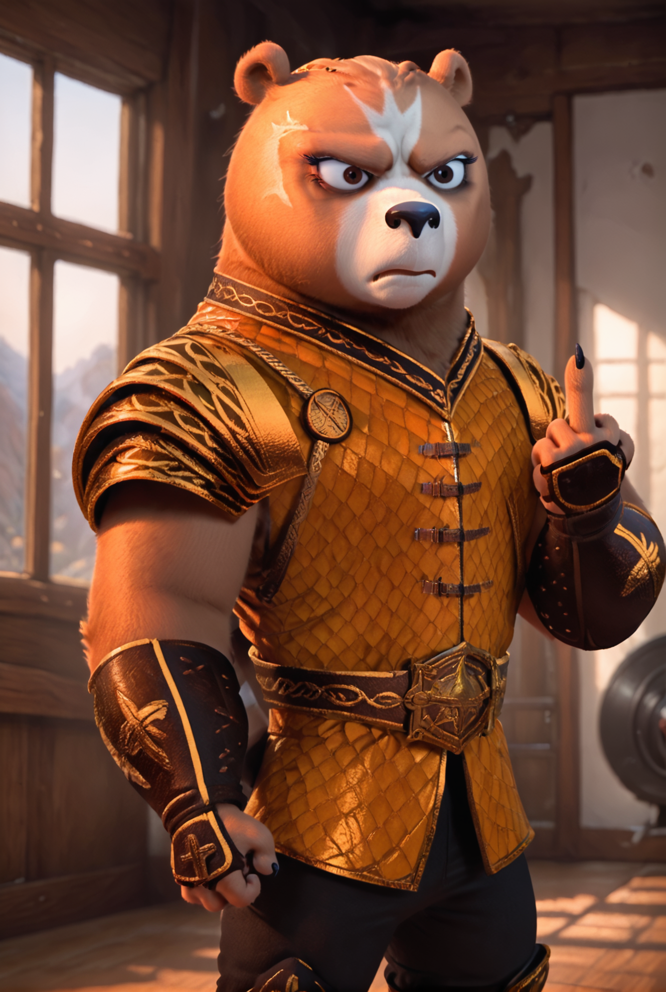 score_9, score_8_up, score_8,
<lora:Luthera_the_Wandering_Knight_Kung_Fu_Panda_for_PonyXl:0.8> furry, bear, 1girl, luth3r4, furry female, solo, armor, 
parody, source_cartoon,
gym, indoors, window, frown, middle finger, angry,