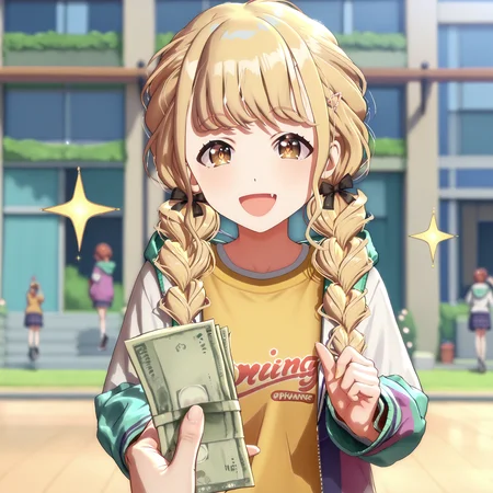 score_9, score_8_up, score_7_up, score_6_up, 1girl,
<lora:kotone.pony.v2:1>, kotone, school, happy, wide-eyed, sparkling_eyes, sparkles,
<lora:holding_money_POV_pony:1>, money, holding money, pov,