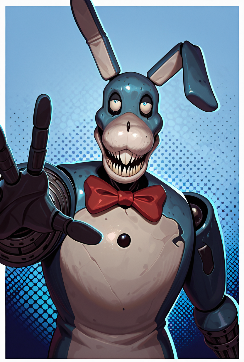 <lora:waltenfiles-10:1> waltenfiles, animal ears, rabbit ears, teeth, solo, no humans, red bowtie, male focus, sharp teeth, , blue background, reaching out, masterpiece, best quality, amazing quality, very aesthetic, absurdres, newest,, upper body, halftone effect, white borders, abstract background:1.2,