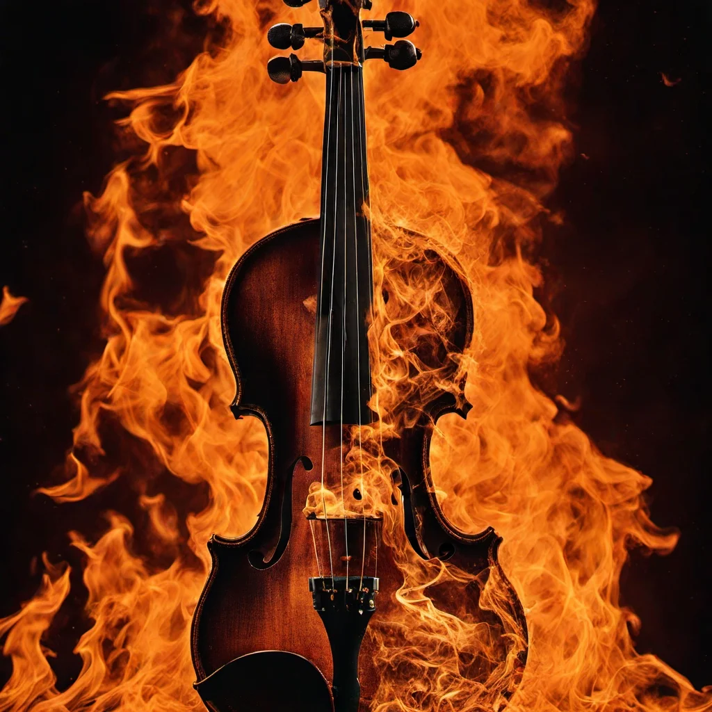 a violin burning in an inferno <lora:inferno:1> , black background,