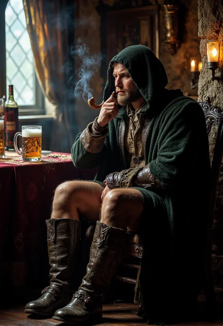 Suddenly Frodo noticed that a strange-looking weather-beaten man, sitting in the shadows near the wall, was also listening intently to the hobbits' talk. He had a tall tankard in front of him, and was smoking a long-stemmed pipe curiously carved. His legs were stretched out before him, showing high boots of supple leather that fitted him well, but had seen much wear and were now caked with mud. A travel-stained cloak of heavy dark-green cloth was drawn close about him, and in spite of the heat of the room he wore a hood that overshadowed his face; but the gleam of his eyes could be seen as he watched the hobbits.