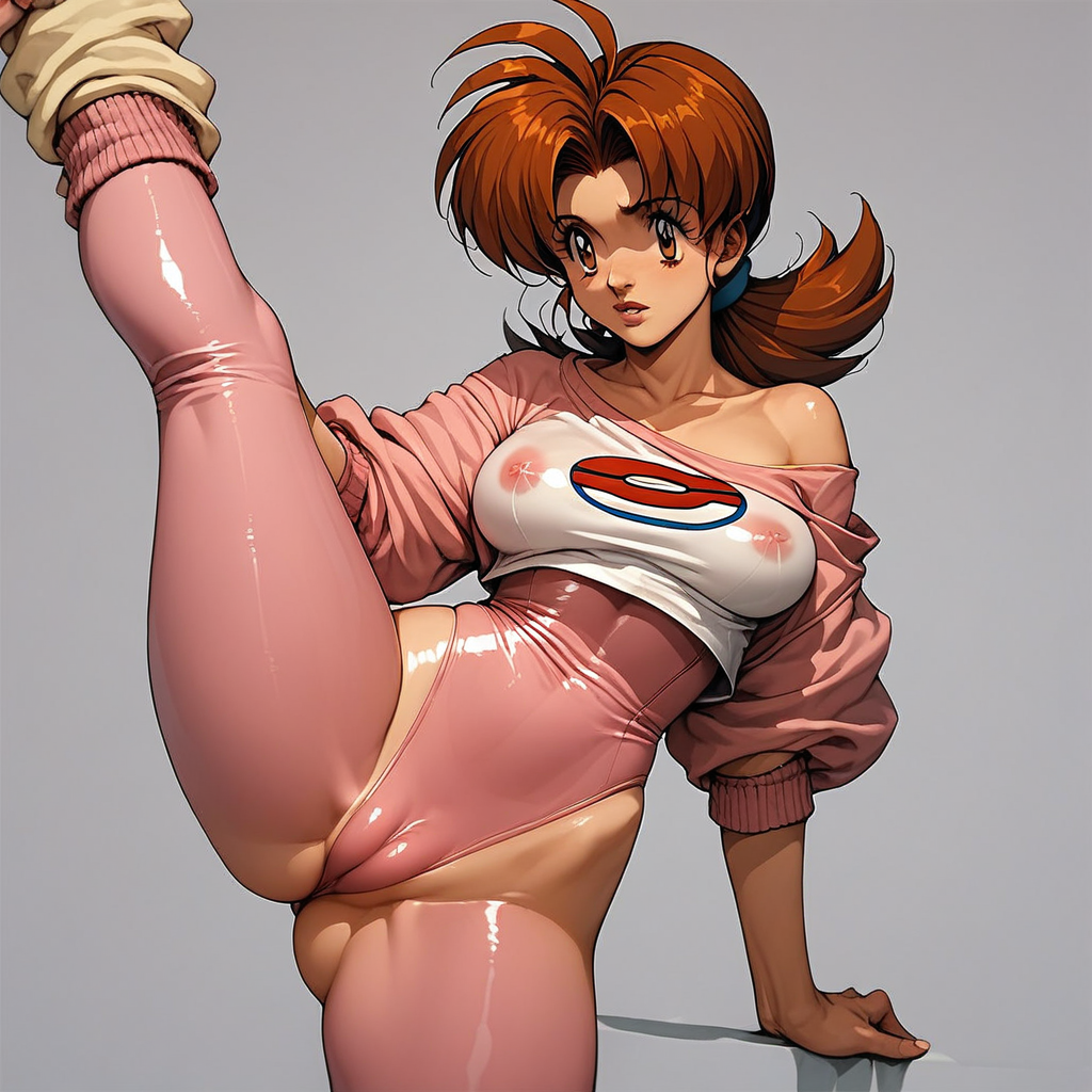 anime artwork, score_9, score_8_up, score_7_up, score_6_up, score_5_up, solo, source_pokemon, delia ketchum, BREAK, MILF, large breasts, 25 year old female, delia ketchum\(Pokemon\), 1woman, (brown hair), brown eyes, shiny skin, perfect beautiful face, long eyelashes, sharp eyes pupils, full lips, parted lips, nice thighs, round ass, nervous expression, shiny skin, naughty face,  dutch angle, front facing, Standing split, brown hair, yellow hairband, brown eyes, retro_workoutwear, 1980s_(style), aerobics, leg_warmers, stirrup_legwear, neon, leggings, shiny_leotard, neon_pink, crop_top, off_shoulder, tented_shirt, cameltoe, skintight, see-through, standing, sexy pose, simple background