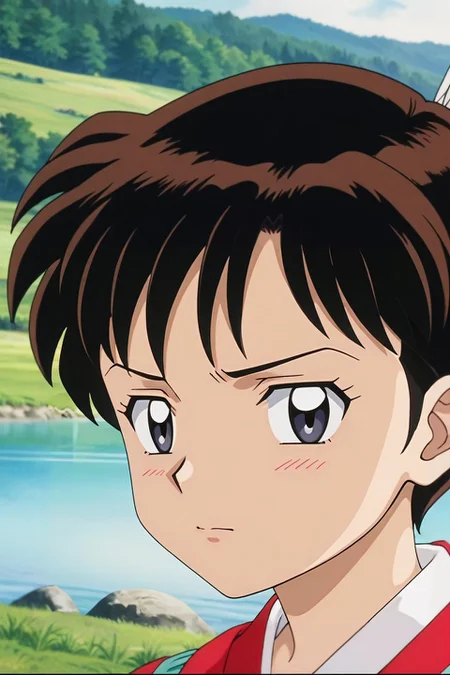 score_9, score_8_up, score_7_up, source_anime, rating_safe, anime screencap, , looking at viewer, depth of field, 1girl, grey eyes, dark blonde hair, pixie cut, hairpin, native american costume, solo, close-up, lake, noon, pose, nervous, <lora:inuyasha_style_pony:0.88>, inuyasha_style, retro artstyle, anime coloring, <lora:sdxl_lightning_8step_lora:1>