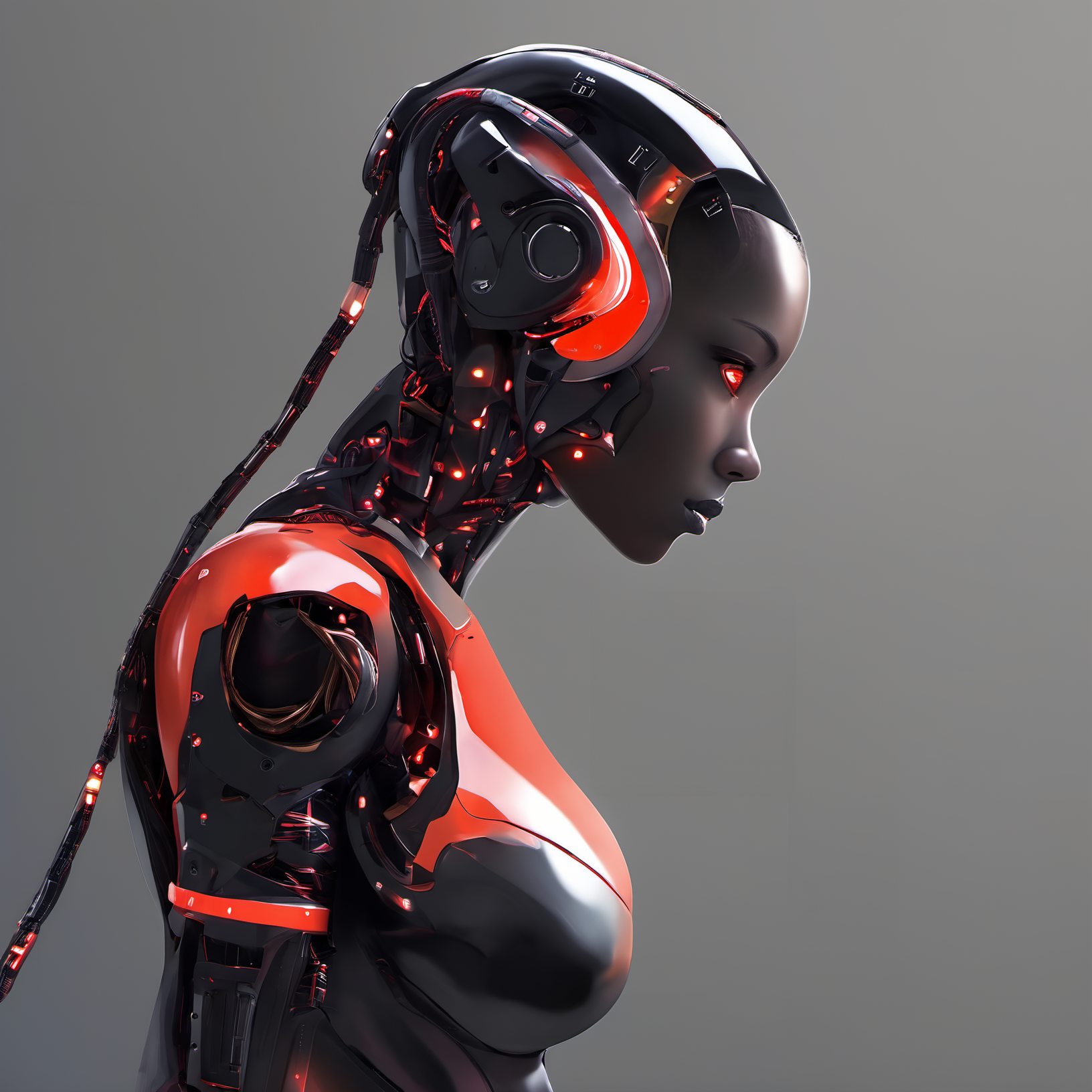 FUNDING, future, concept robot, black robot 1girl, solo, short hair, simple background, red eyes, upper body, from side, lips, profile, glowing, spot color, science fiction, android, cable, cyborg,<lora:FN_WeiLai-000005:1>,