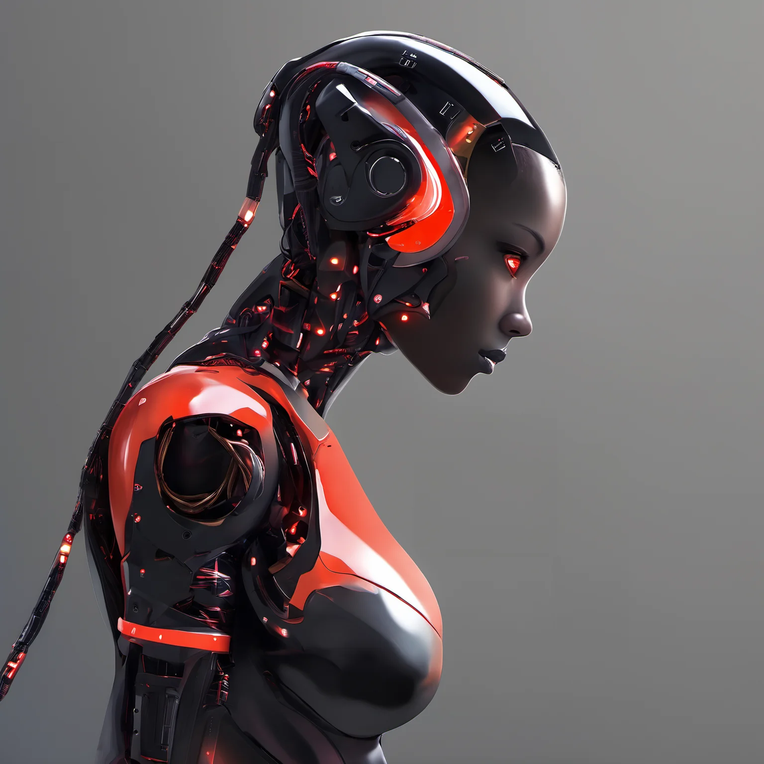 FUNDING, future, concept robot, black robot 1girl, solo, short hair, simple background, red eyes, upper body, from side, lips, profile, glowing, spot color, science fiction, android, cable, cyborg,<lora:FN_WeiLai-000005:1>,