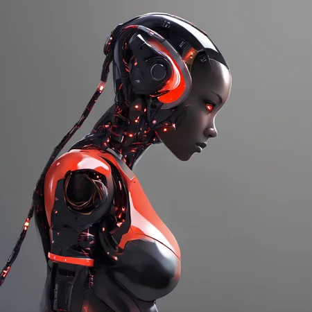 FUNDING, future, concept robot, black robot 1girl, solo, short hair, simple background, red eyes, upper body, from side, lips, profile, glowing, spot color, science fiction, android, cable, cyborg,<lora:FN_WeiLai-000005:1>,