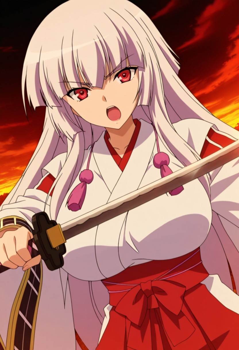 general,highres, ultra-detailed,very aesthetic,best quality ,best hands,best eyes,easynegative,
dynamic anglre, dutch angle, anime cloring,anime screencap,
1girl solo,looking at viewer,open mouth, holding katana, fighting, 
Miyabi,white hair, long_hair, huge_breasts, red eyes,miko costume,