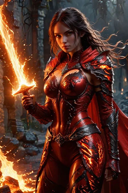 Beautiful young 20 yo female with detailed face and soft detailed lips hero in a molten heavy (red armor:1.5) holding a short sword, the gleam of the sword is on fire and sparkling with lightning standing viciously on his feet with black and dark blond hair in a medieval vilage on fire wearing a (fiery torned cape:1.8), show full body <lora:ral-lava-sdxl-v2:0.7> ral-lava, sharp focus, detailed hand grip <lora:add-detail-xl:2.8><lora:sdxl_lightning_8step_lora:1>