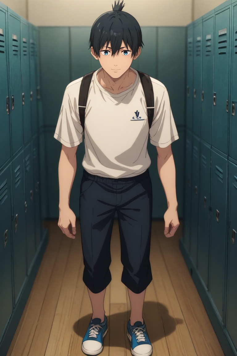 score_9, score_8_up, score_7_up, , rating_safe, , anime screencap, anime coloring, , , depth of field, 1boy, solo, male focus, <lora:aki_hayakawa_pony:0.74>, aki_hayakawa, black hair, blue eyes, bangs, hair between eyes, short hair, topknot, , full body, locker room, indoors, legs up, laughing, convict costume, <lora:sdxl_lightning_8step_lora:1>